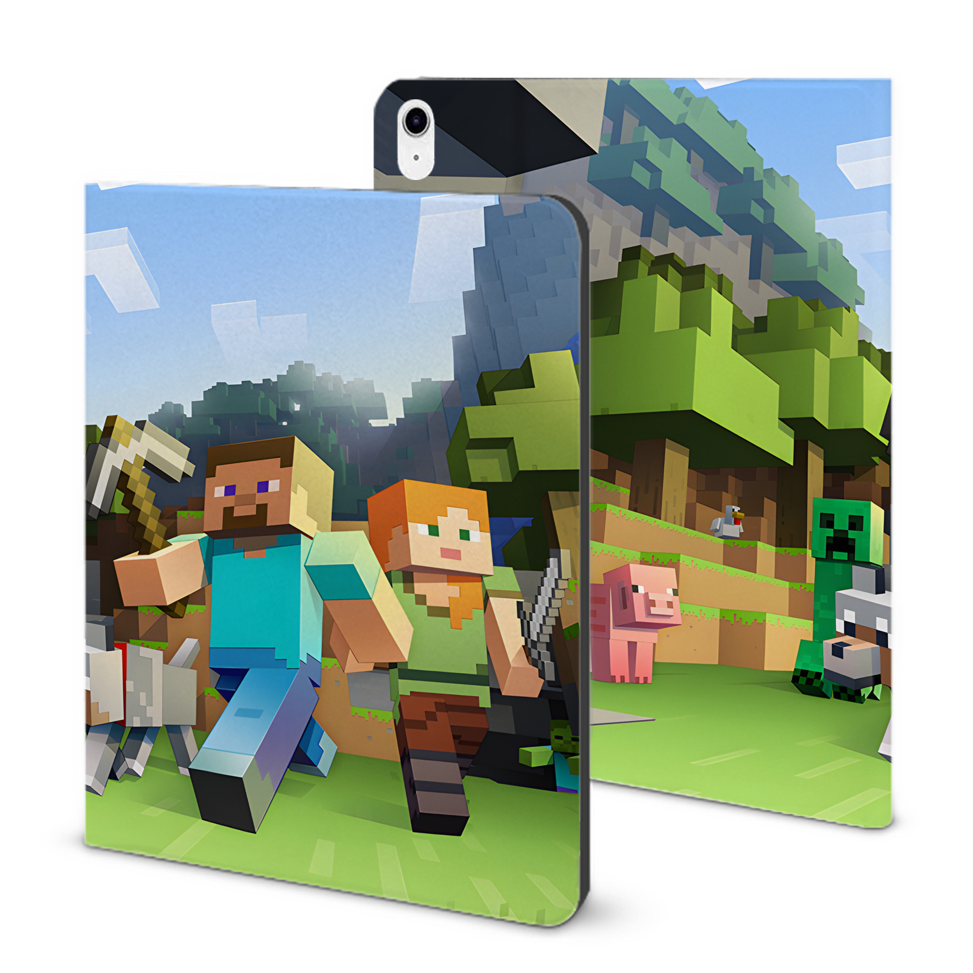 （画像用） マインクラフト ブロックの世界 Minecraft MC Block world IPad ケース ブック型 PUレザー TPU 耐衝撃 軽量 薄型 ペン収納なし 全面保護 IPad 各モデル対応